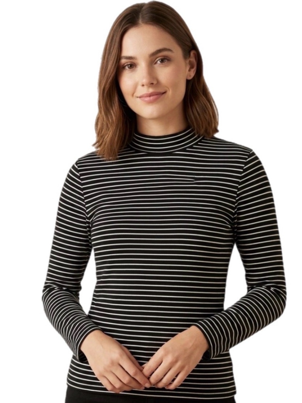 XL gaze Women’s Black and White Striped Mock Neck Long Sleeve Bodycon Top Shirt